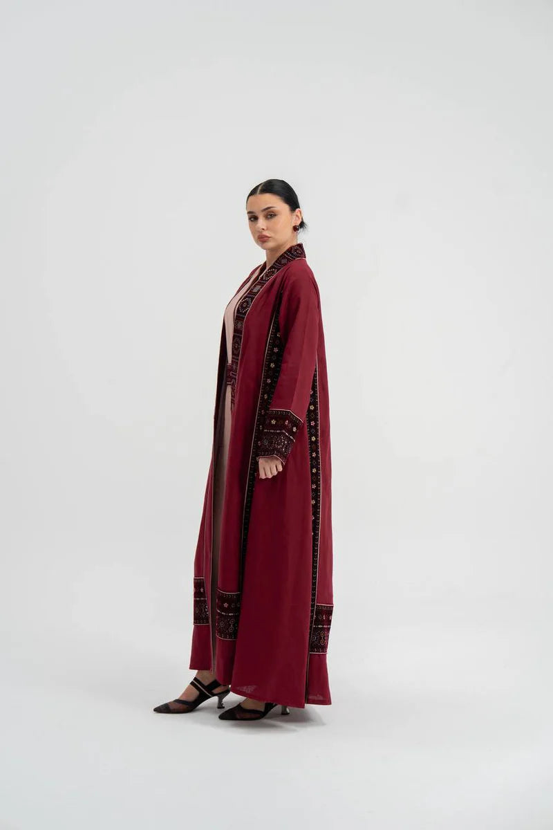 Red linen abaya with embroidery. C:6746