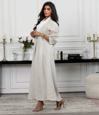 Beige linen blazer abaya C:6489 Beige