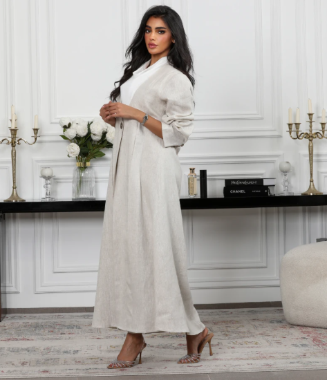 Beige linen blazer abaya C:6489 Beige