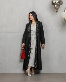 abaya Linen black with handmade embriodry C:6432BLACK