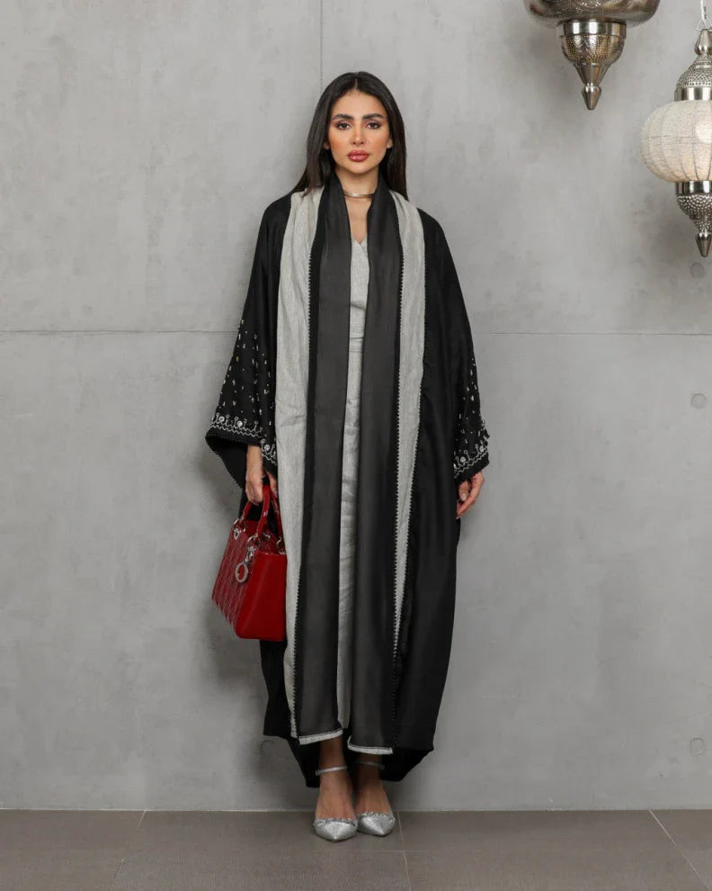 Black linen abaya with hand embroidery C:6453black
