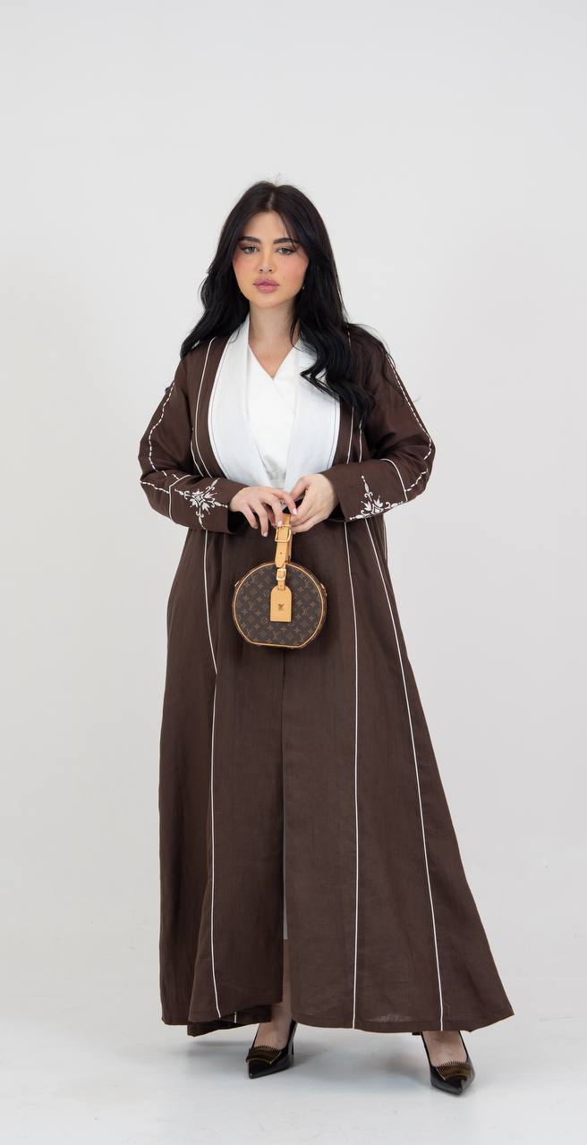 Linen abaya in brown with embroidery