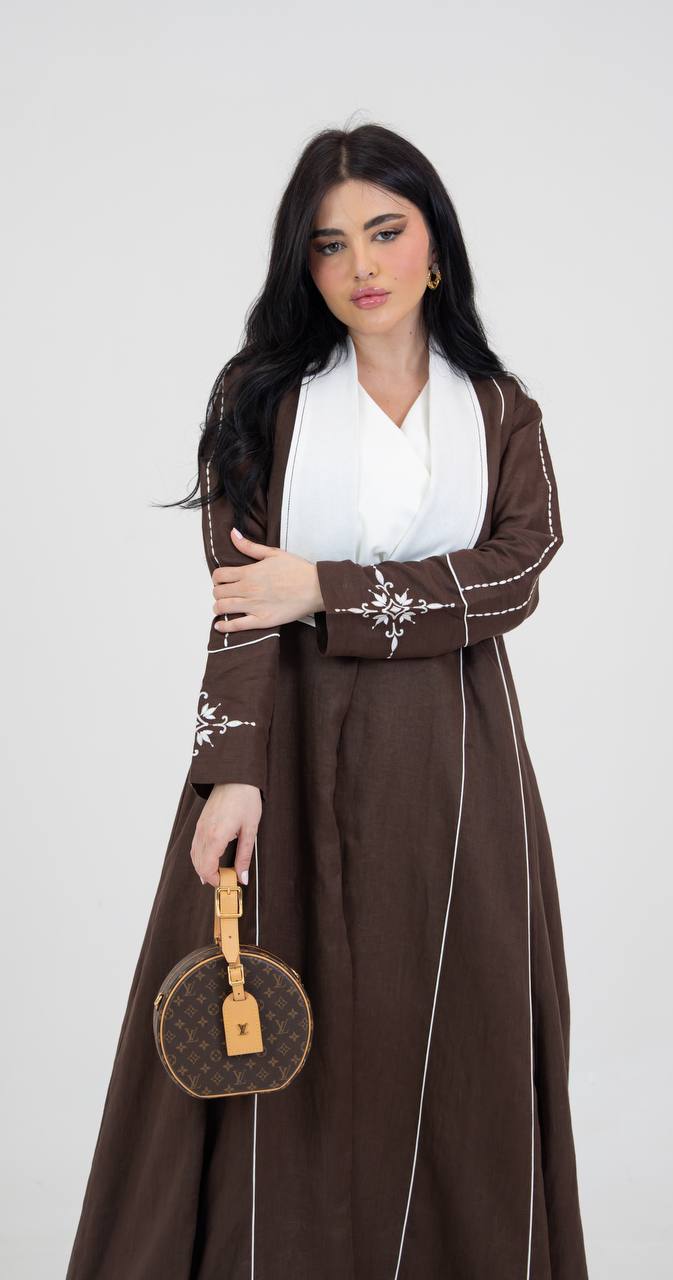Linen abaya in brown with embroidery