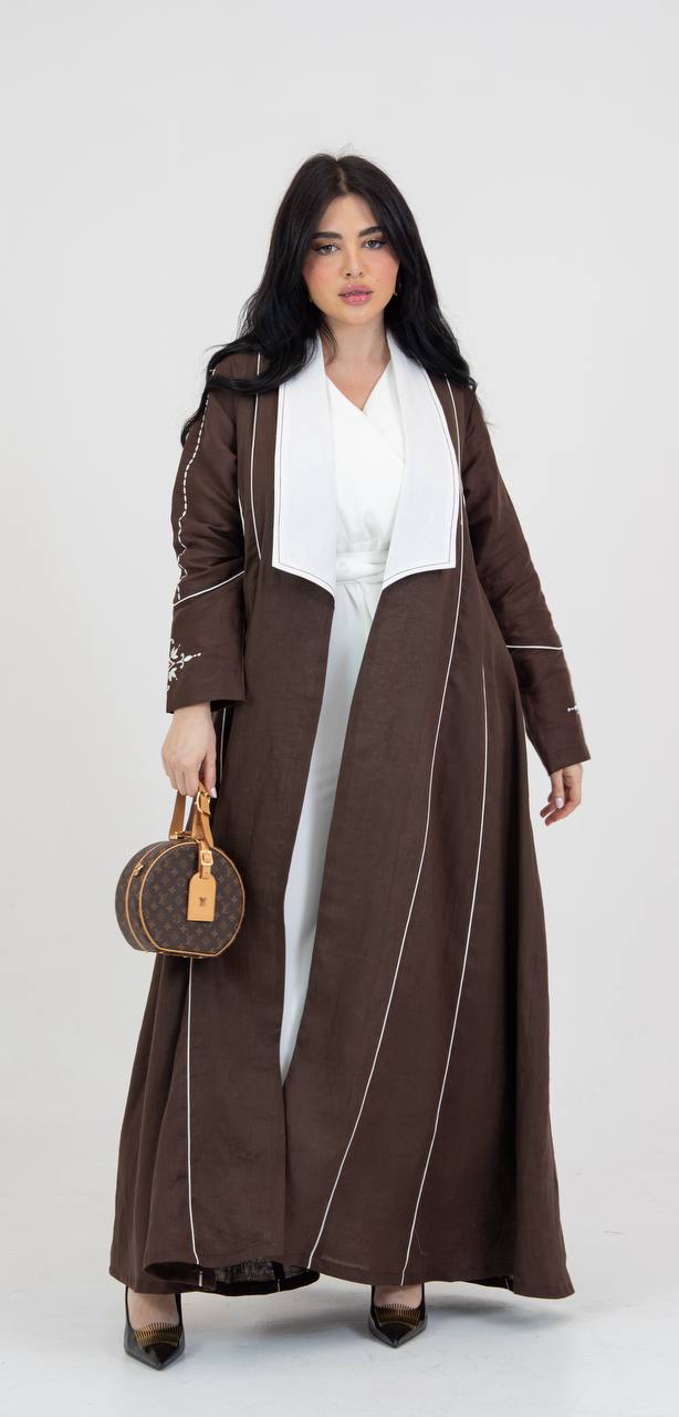 Linen abaya in brown with embroidery