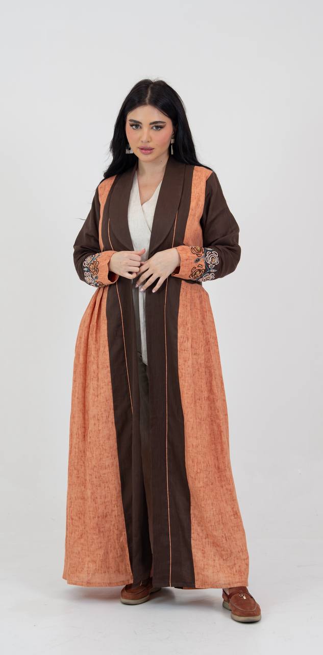 Linen abaya in brown and orange with hand-beading