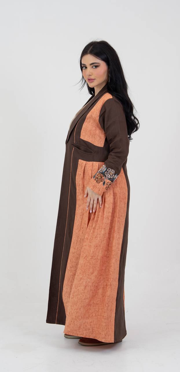 Linen abaya in brown and orange with hand-beading