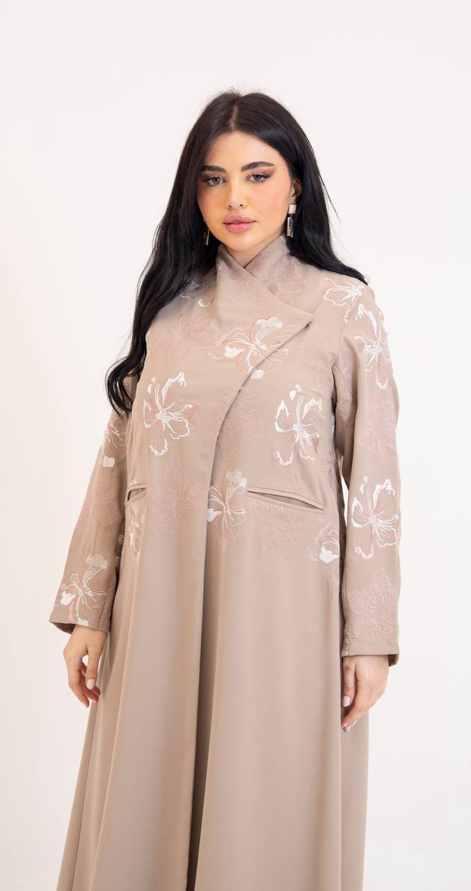Beige crepe abaya with embroidery