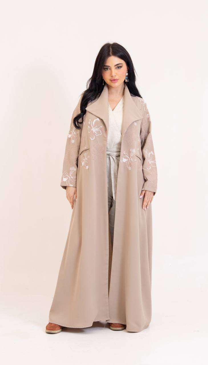 Beige crepe abaya with embroidery