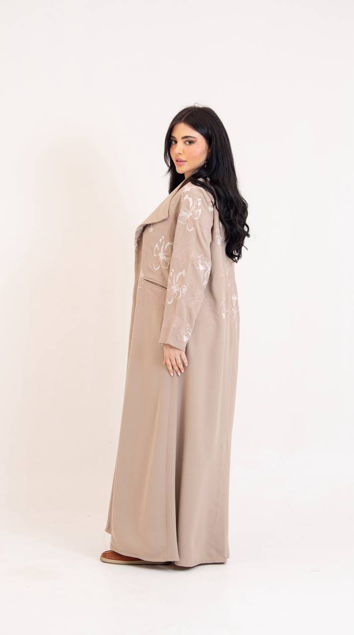 Beige crepe abaya with embroidery