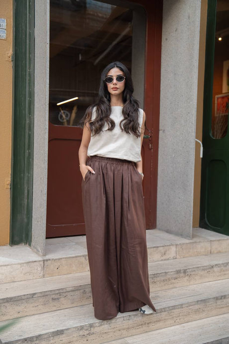Beige blouse and brown trousers set, linen