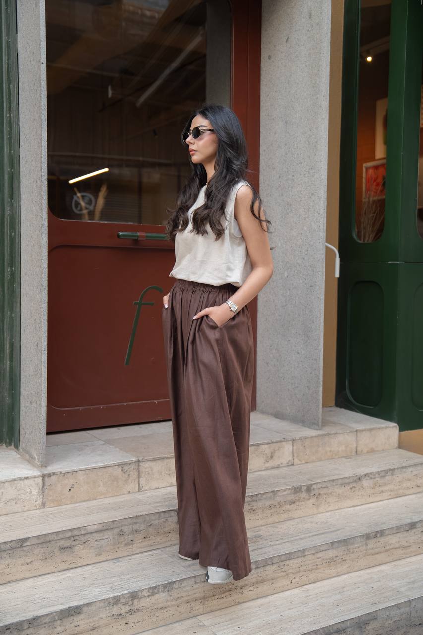 Beige blouse and brown trousers set, linen