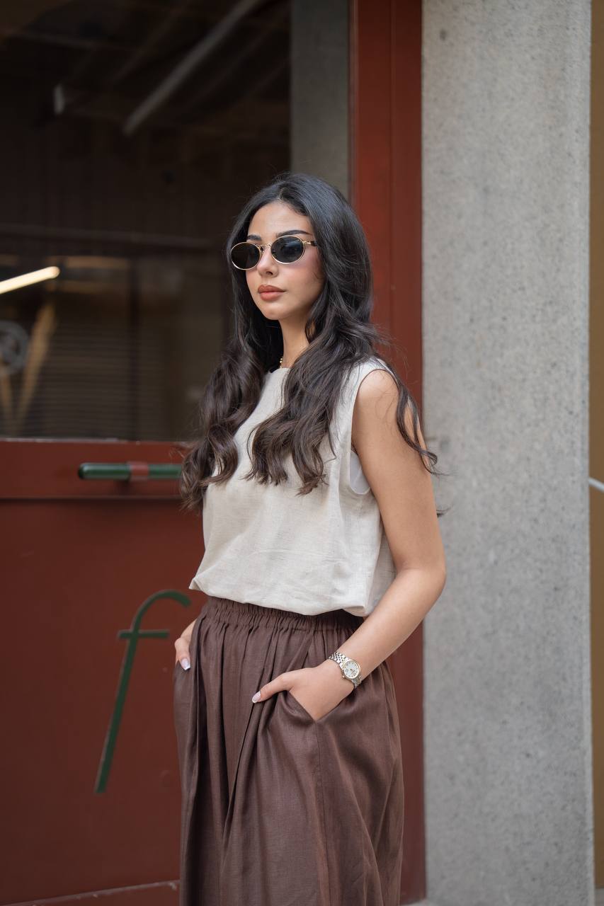 Beige blouse and brown trousers set, linen