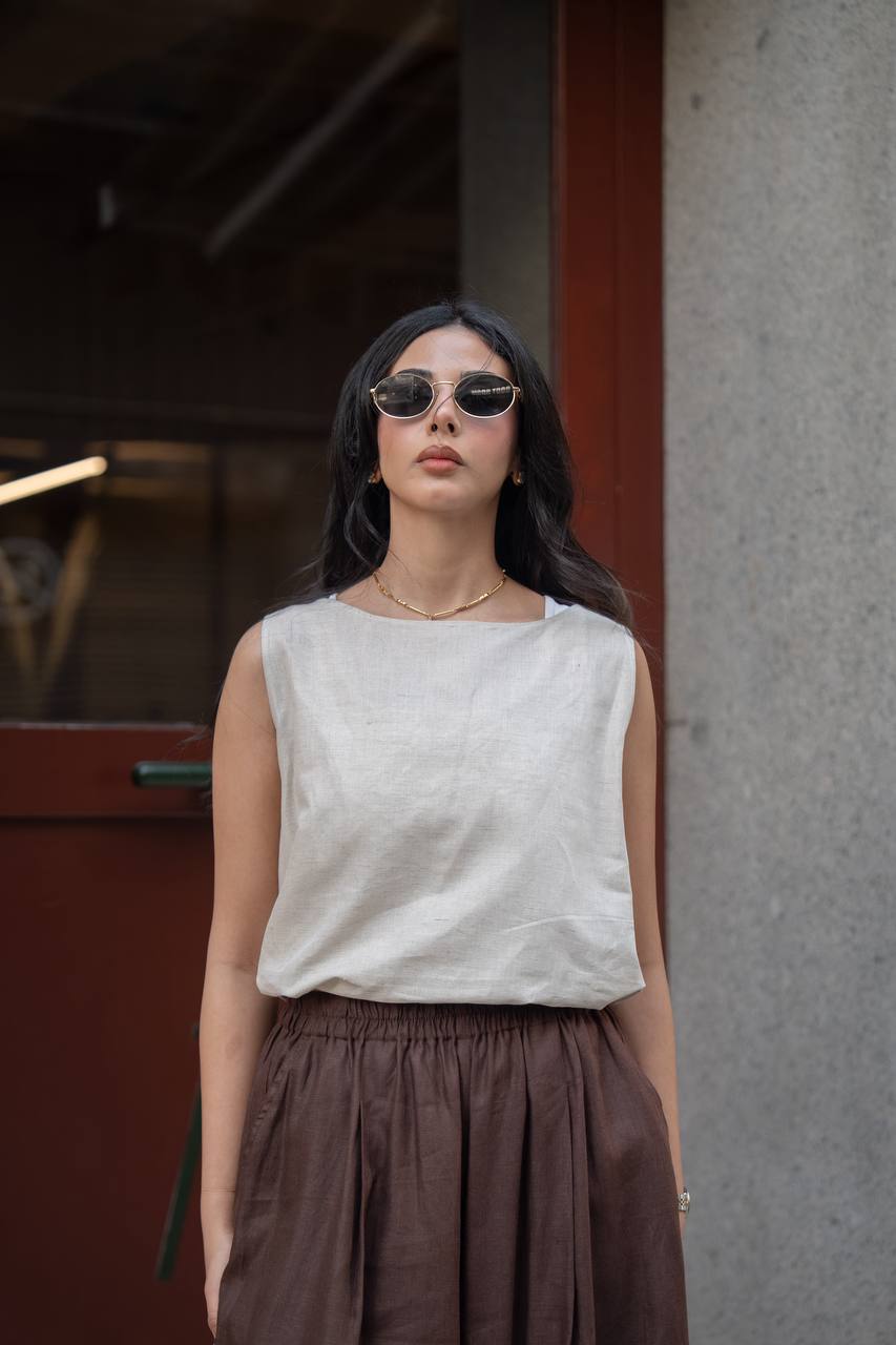 Beige blouse and brown trousers set, linen