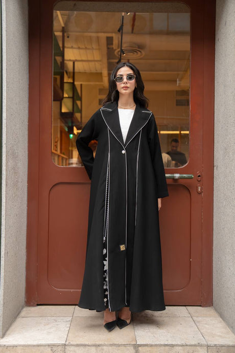 Black crepe abaya with white embroidery