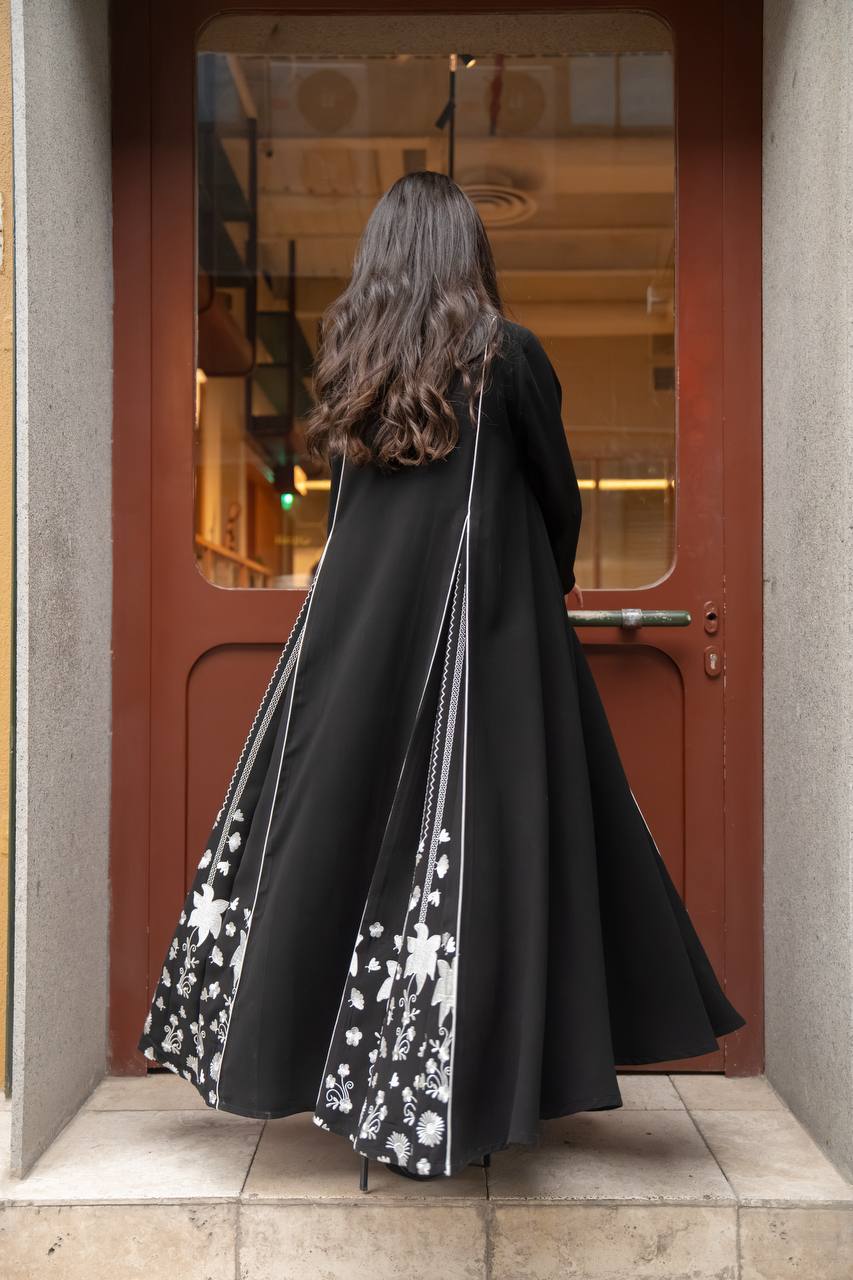 Black crepe abaya with white embroidery