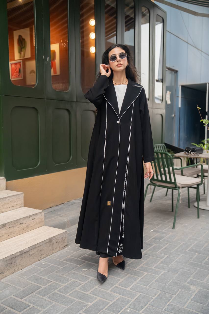 Black crepe abaya with white embroidery