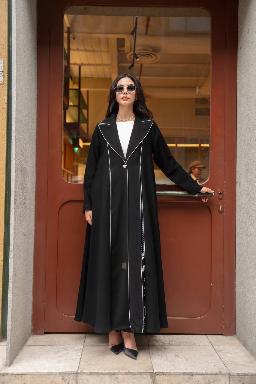 Black crepe abaya with white embroidery