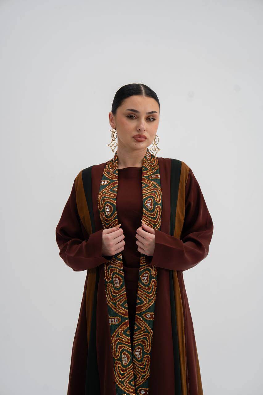 Crepe abaya with linen in brown and camel color