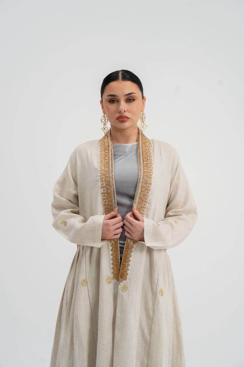 Linen abaya in light beige with embroider