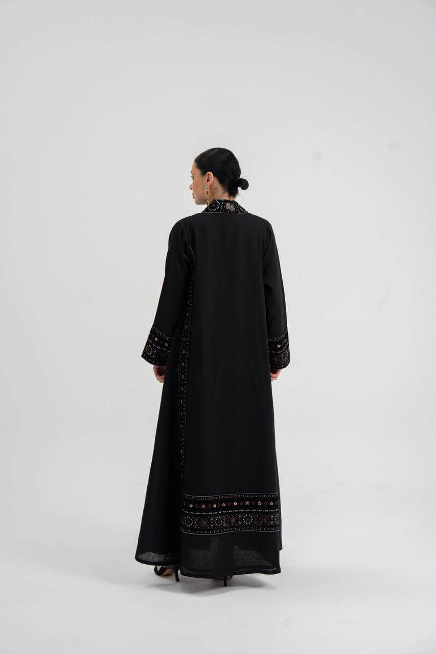 Linen abaya in black with embroidery