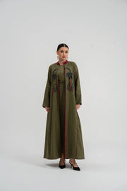 Linen abaya in olive green with hand embroidery