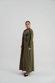 Linen abaya in olive green with hand embroidery