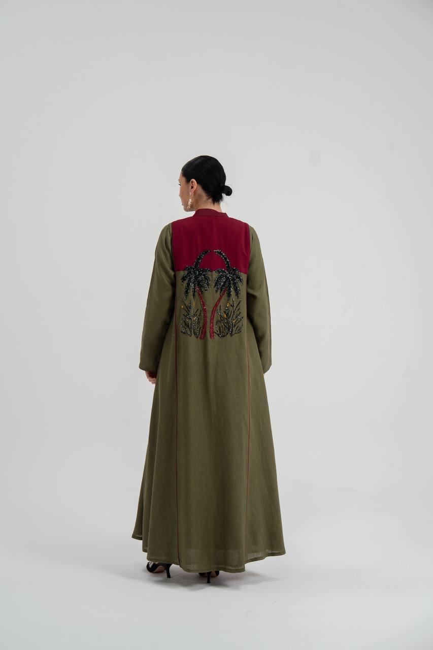 Linen abaya in olive green with hand embroidery