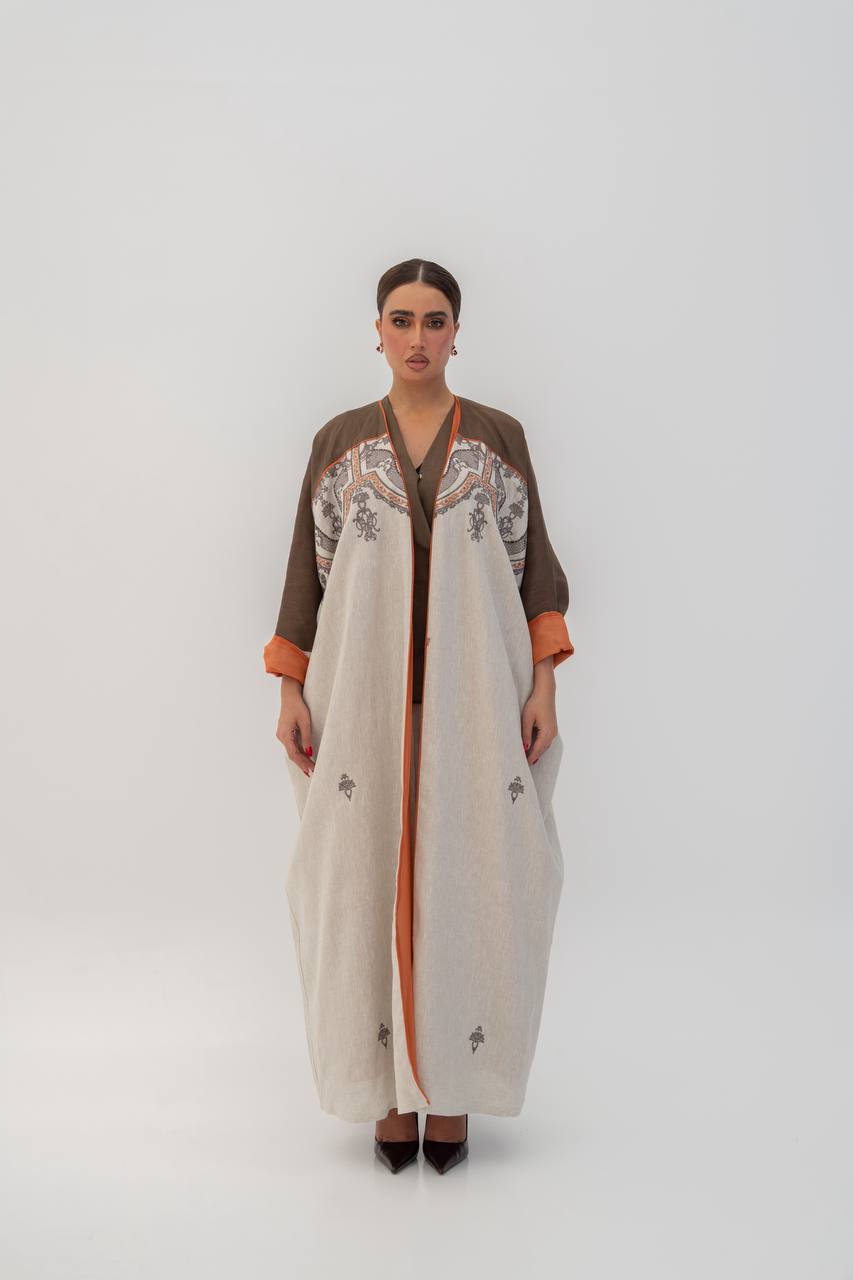 Beige linen abaya with embroidery (1714)