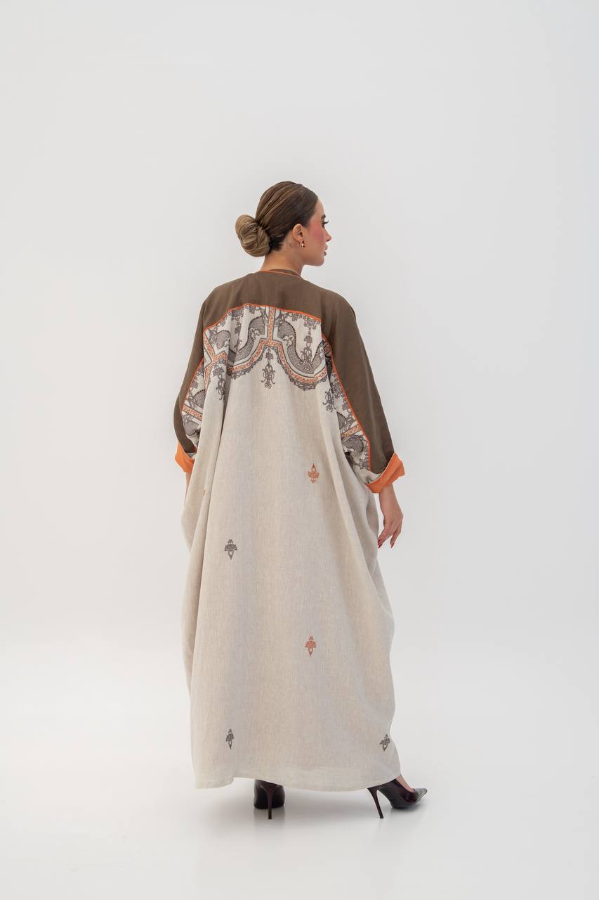 Beige linen abaya with embroidery (1714)