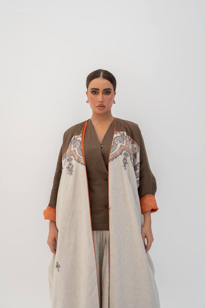 Beige linen abaya with embroidery (1714)