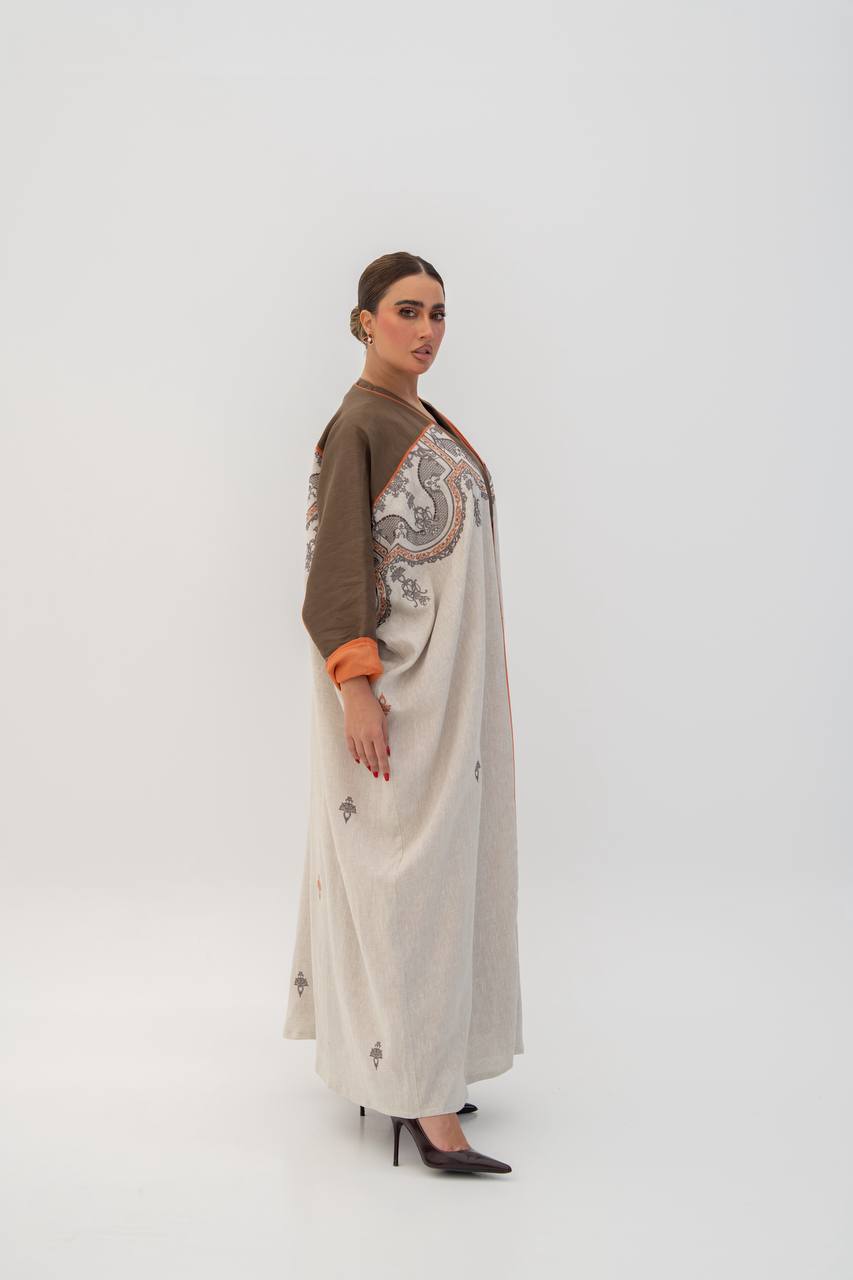 Beige linen abaya with embroidery (1714)