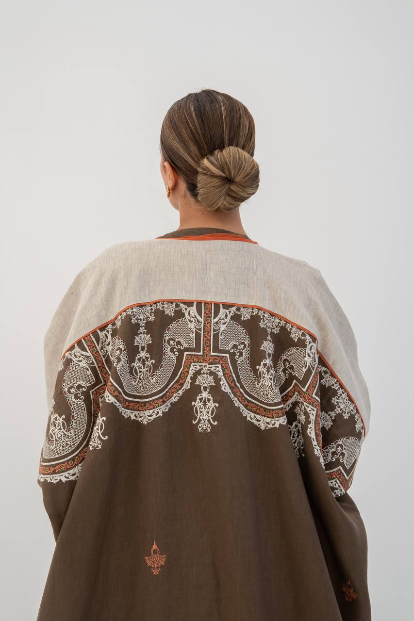 Brown linen abaya with embroidery (1716)