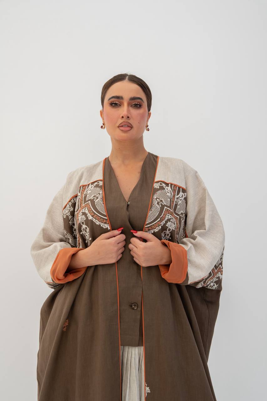 Brown linen abaya with embroidery (1716)