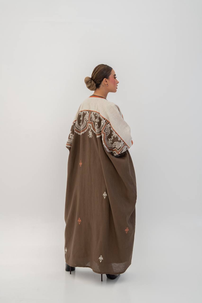 Brown linen abaya with embroidery (1716)