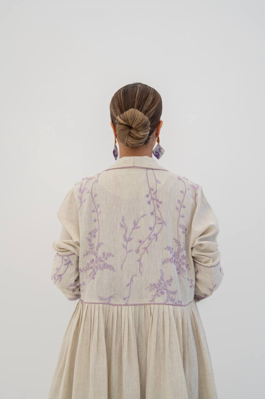 Beige linen abaya with embroidery (1712)