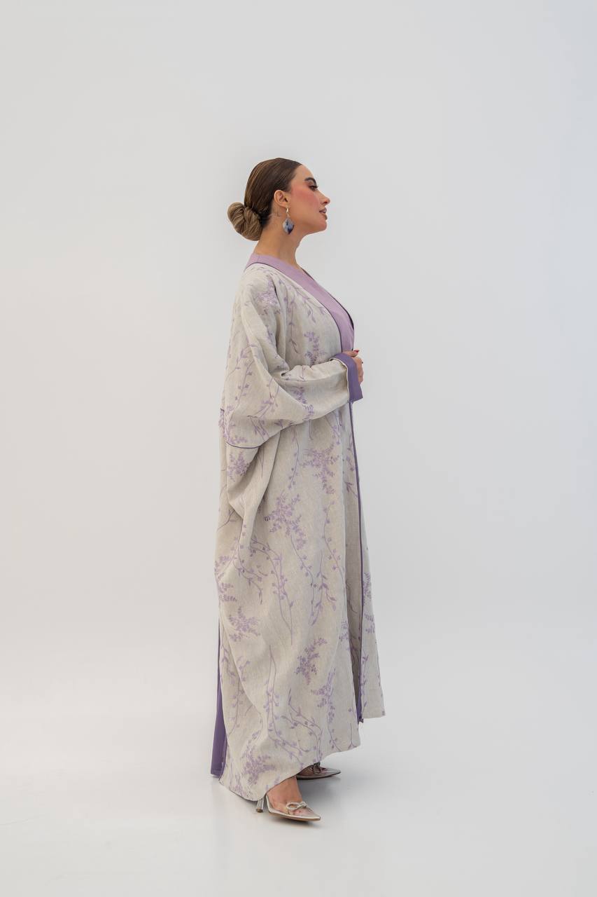 Beige linen abaya with embroidery (1717)