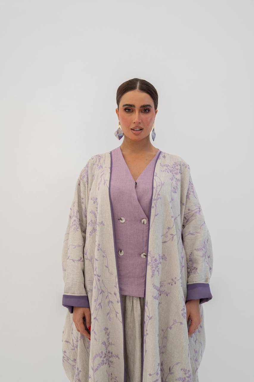 Beige linen abaya with embroidery (1717)
