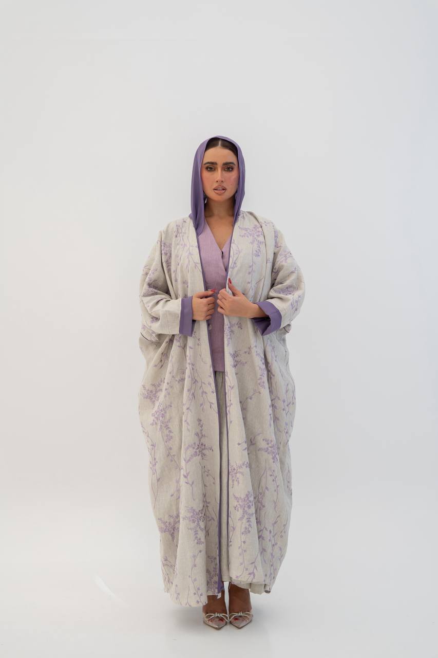 Beige linen abaya with embroidery (1717)