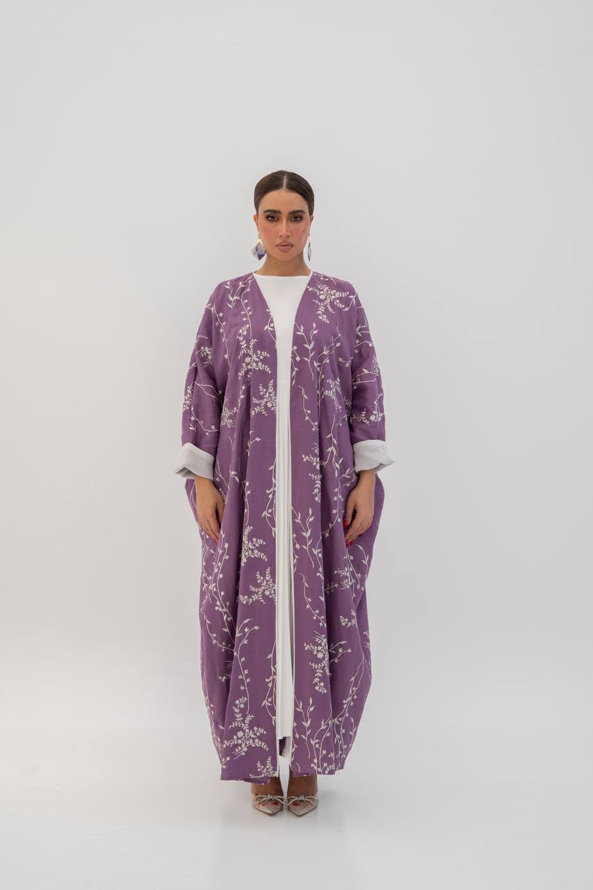 Linen abaya in purple with embroidery (1718)
