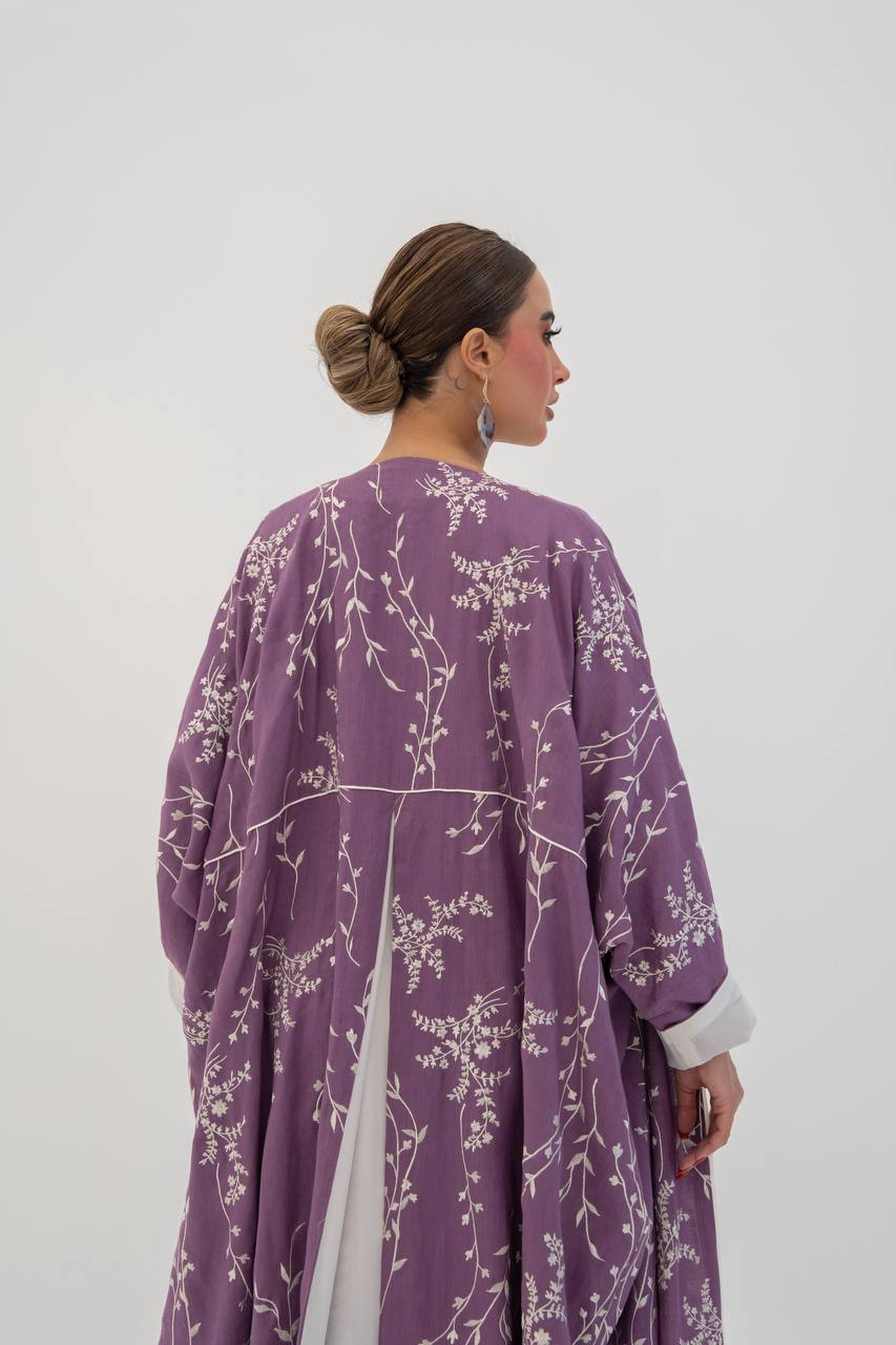 Linen abaya in purple with embroidery (1718)