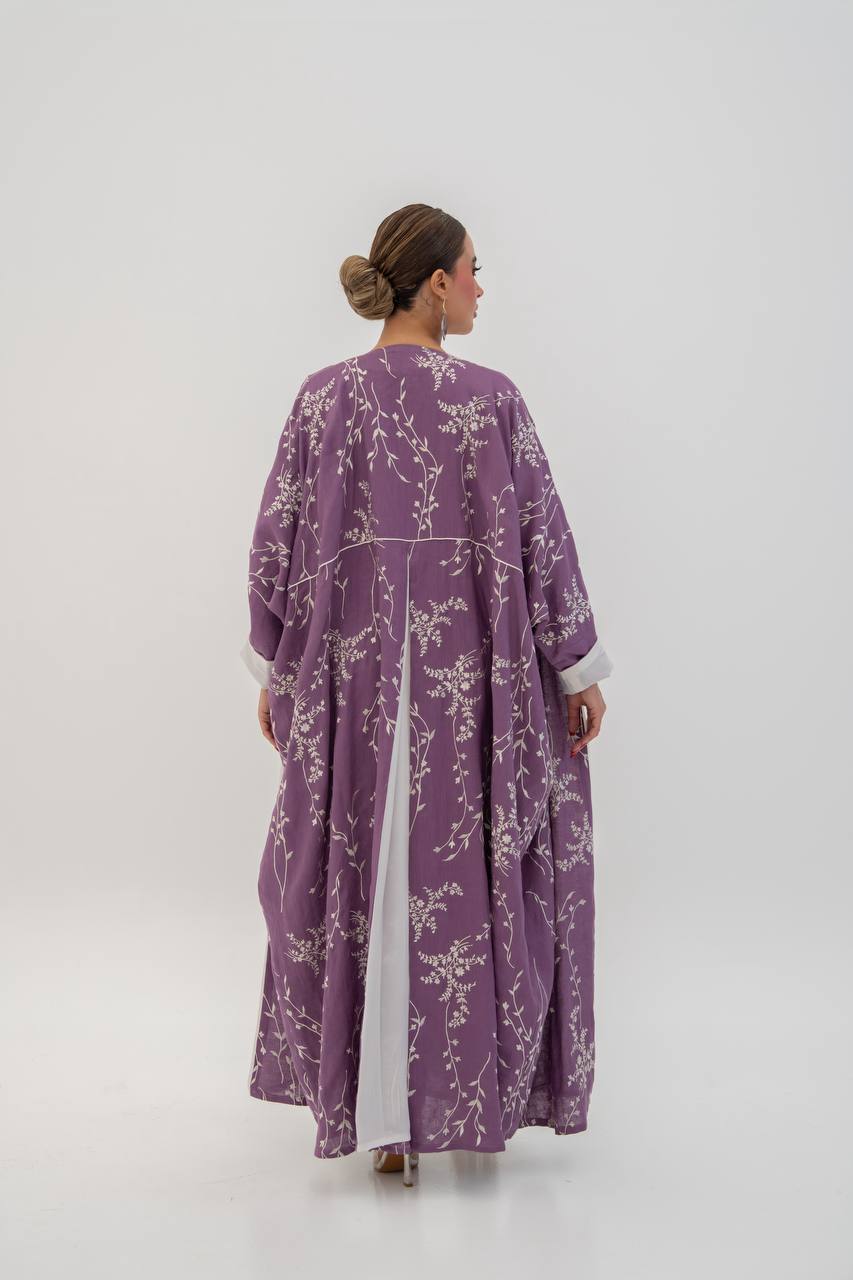 Linen abaya in purple with embroidery (1718)