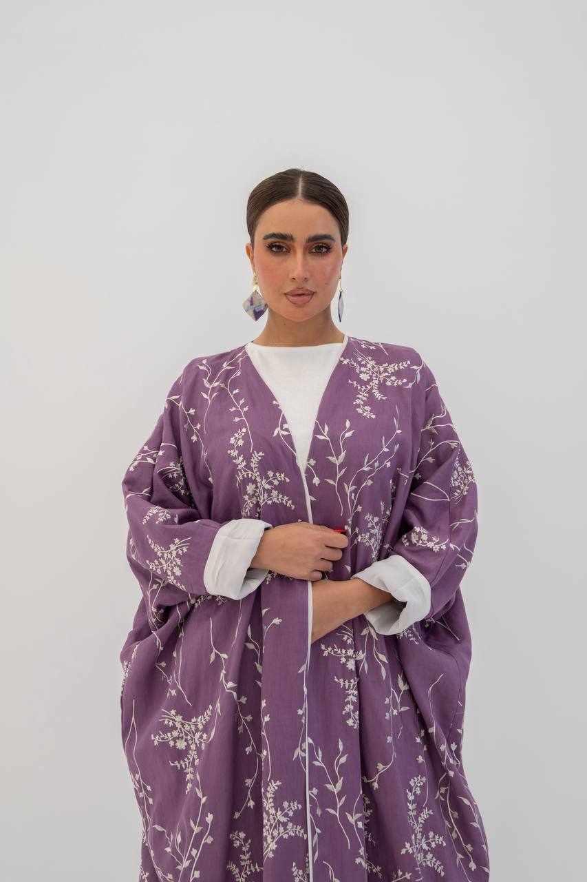 Linen abaya in purple with embroidery (1718)