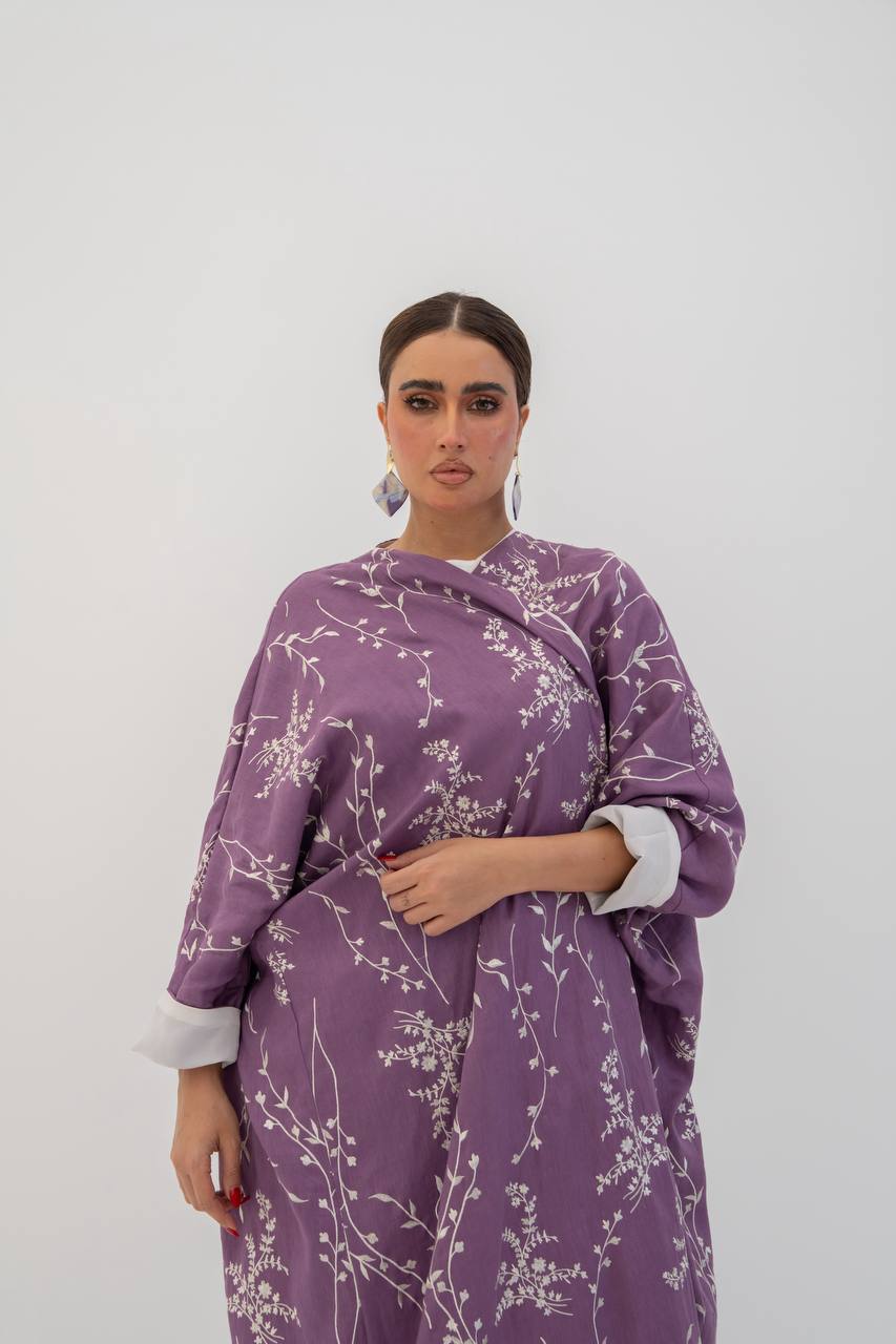 Linen abaya in purple with embroidery (1718)