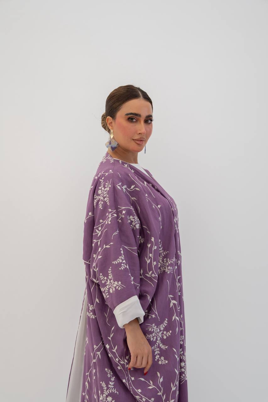 Linen abaya in purple with embroidery (1718)