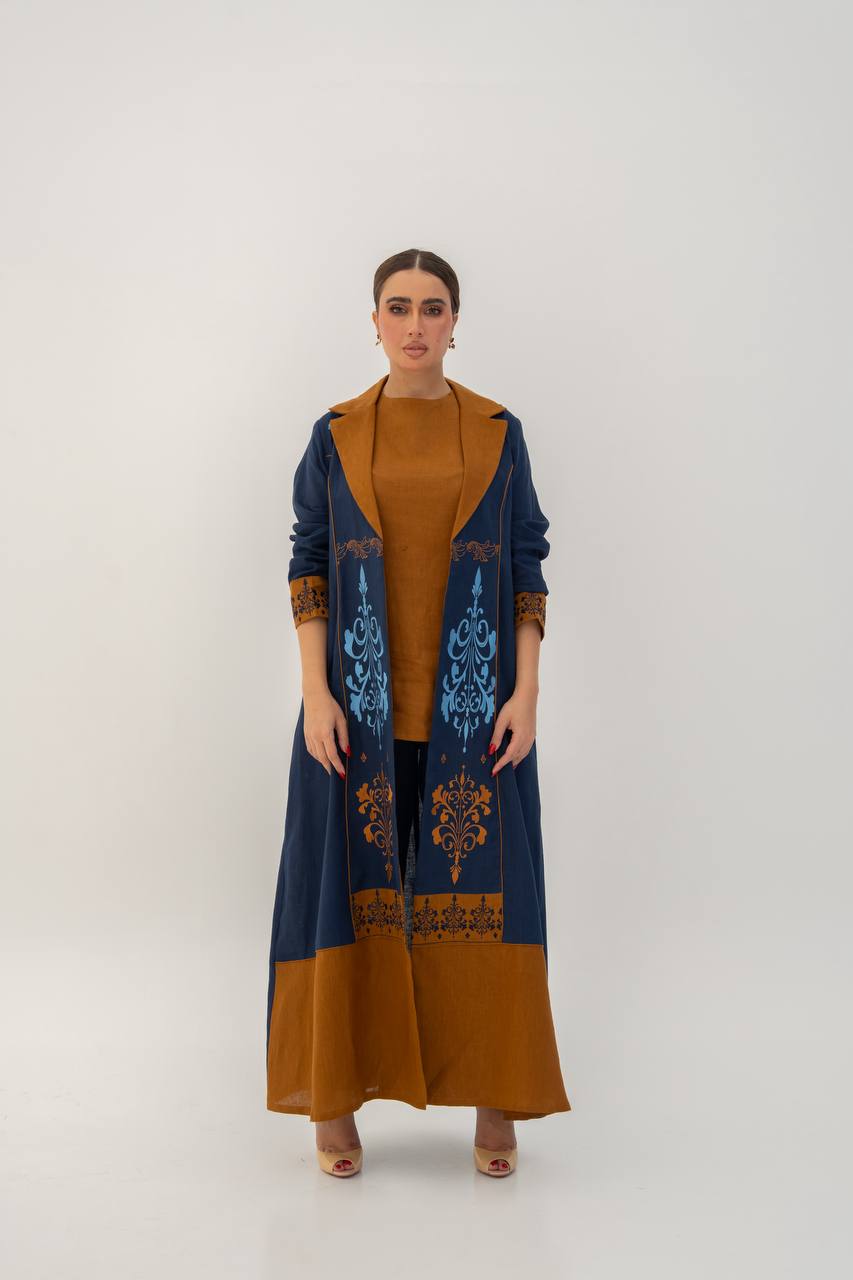 Linen abaya in navy blue with embroidery (1710)