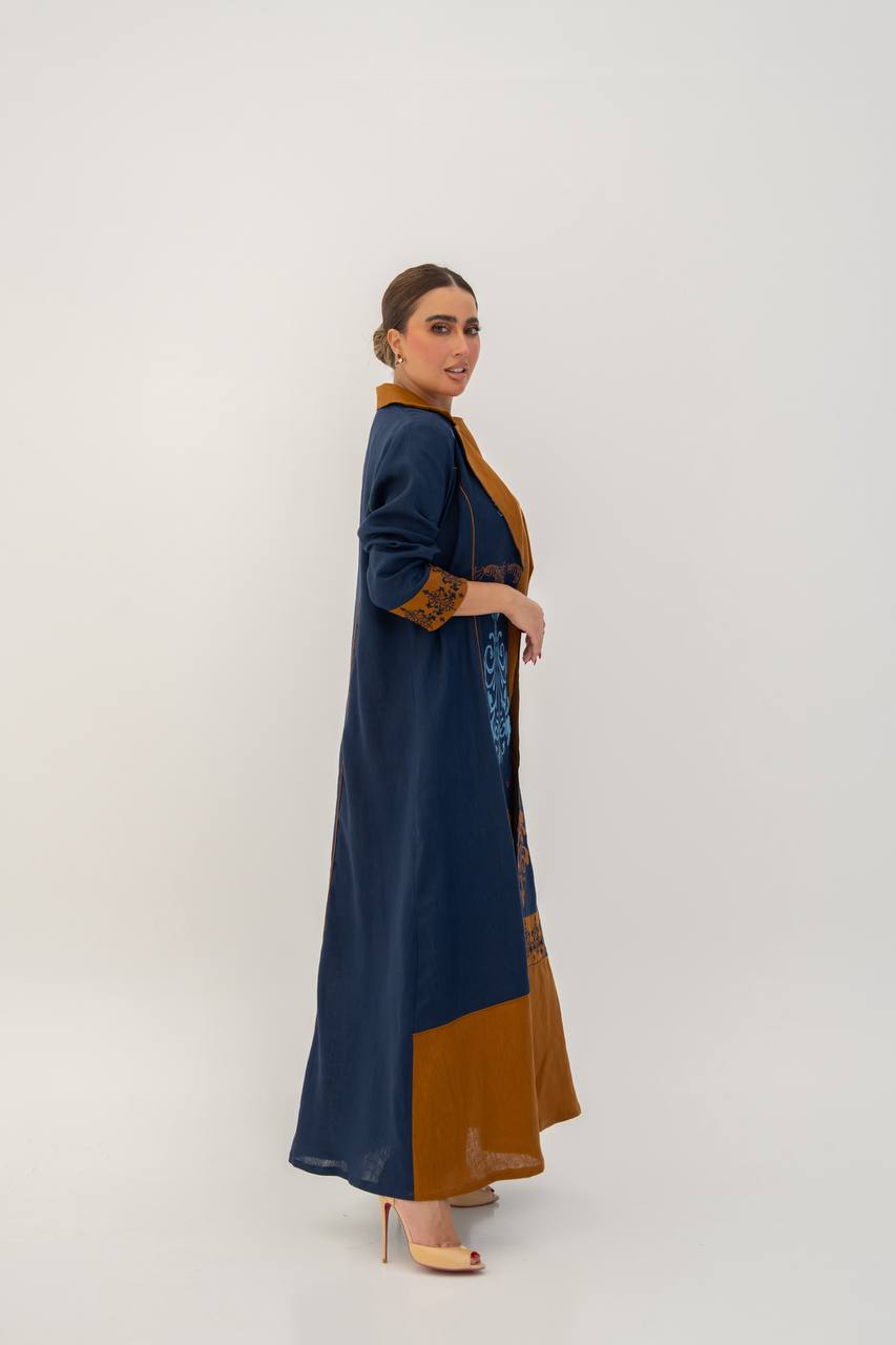 Linen abaya in navy blue with embroidery (1710)