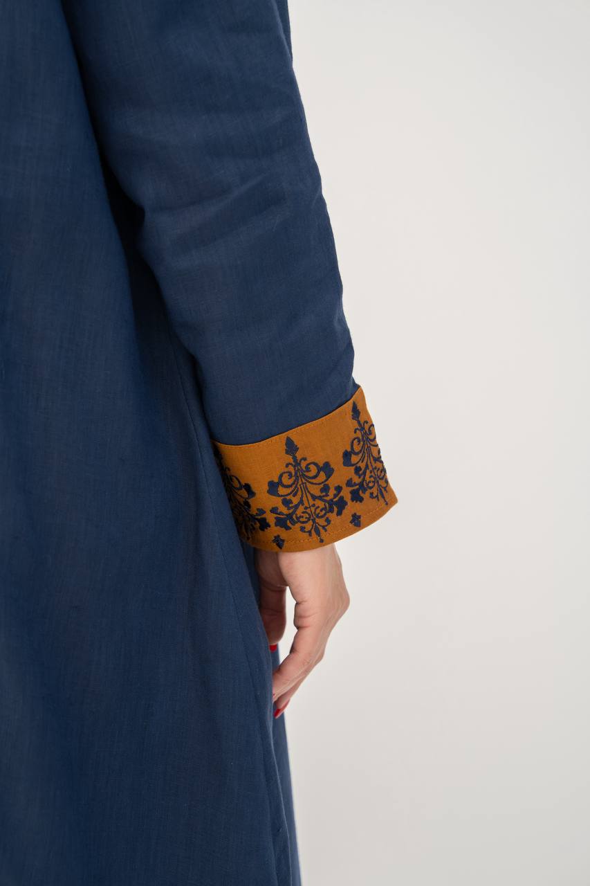 Linen abaya in navy blue with embroidery (1710)