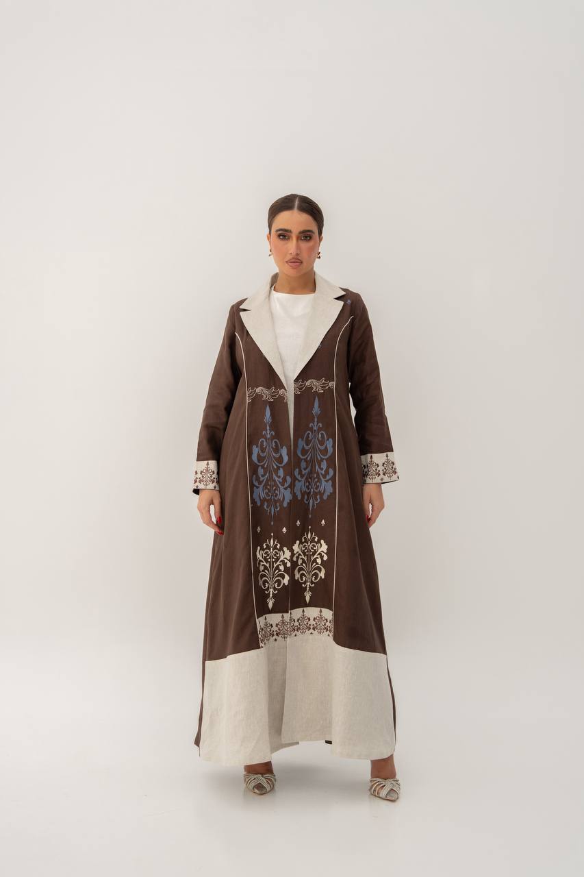 Linen abaya in brown with embroidery (1709)
