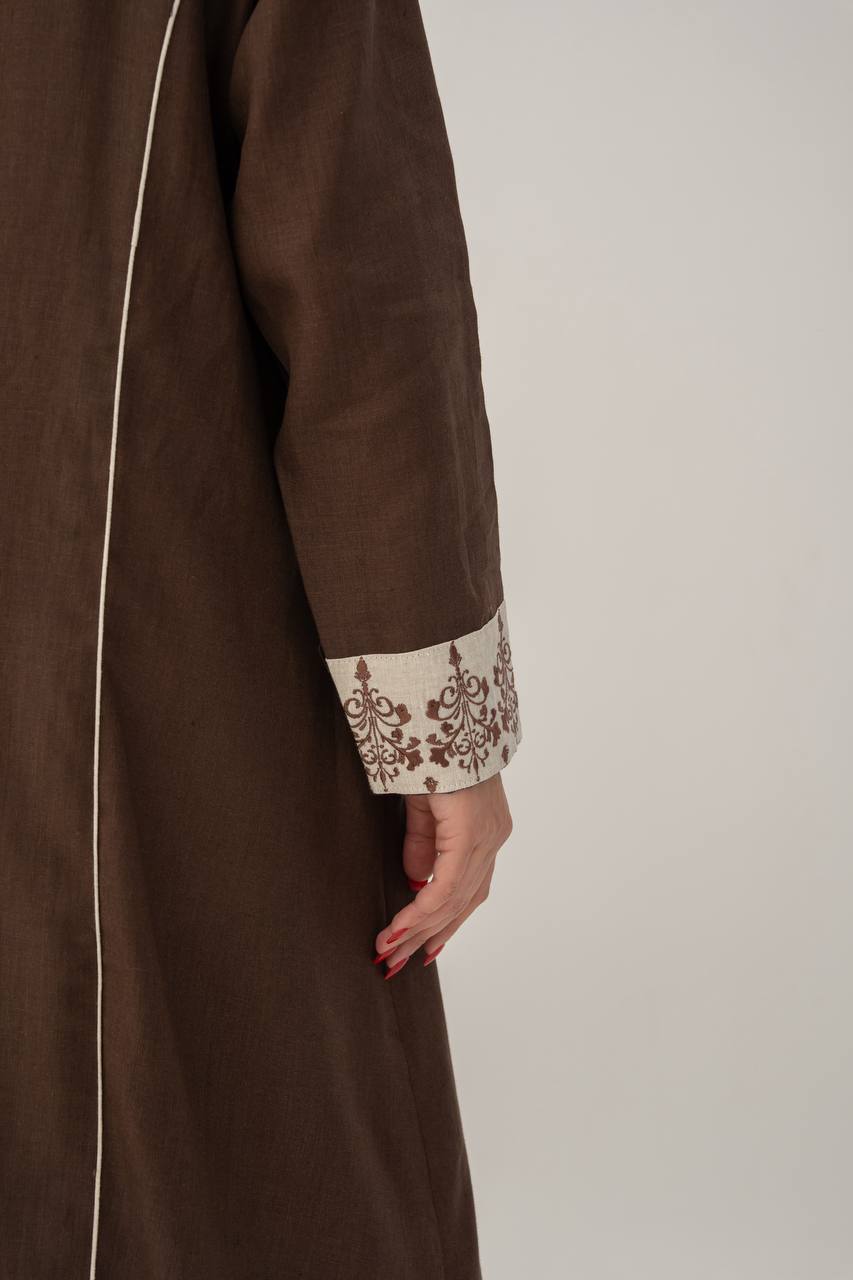 Linen abaya in brown with embroidery (1709)