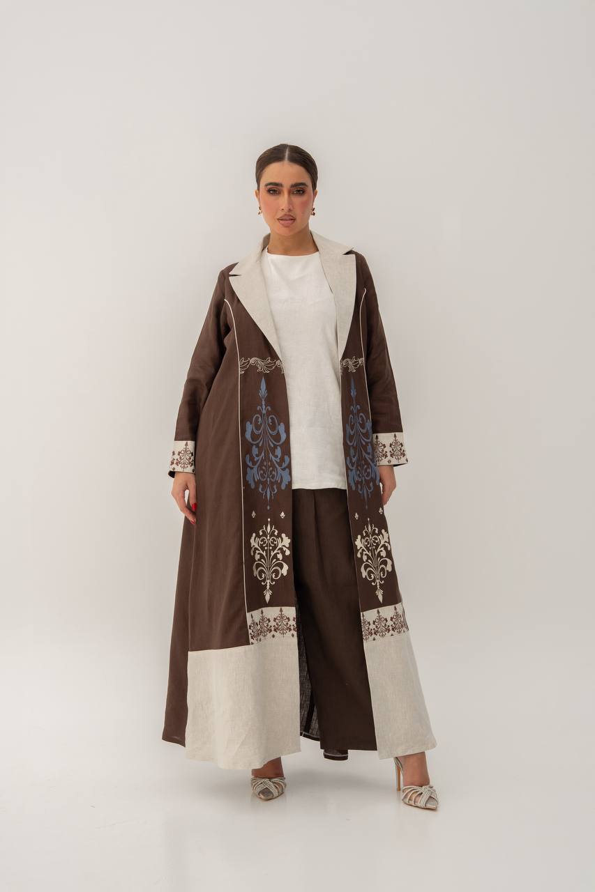 Linen abaya in brown with embroidery (1709)